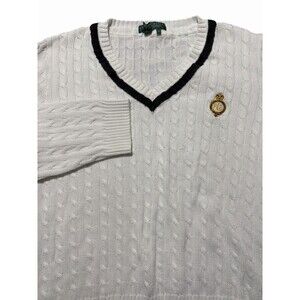 Lauren Active Ralph Lauren XL White Cable Knit V Neck Crest Sweater Cotton